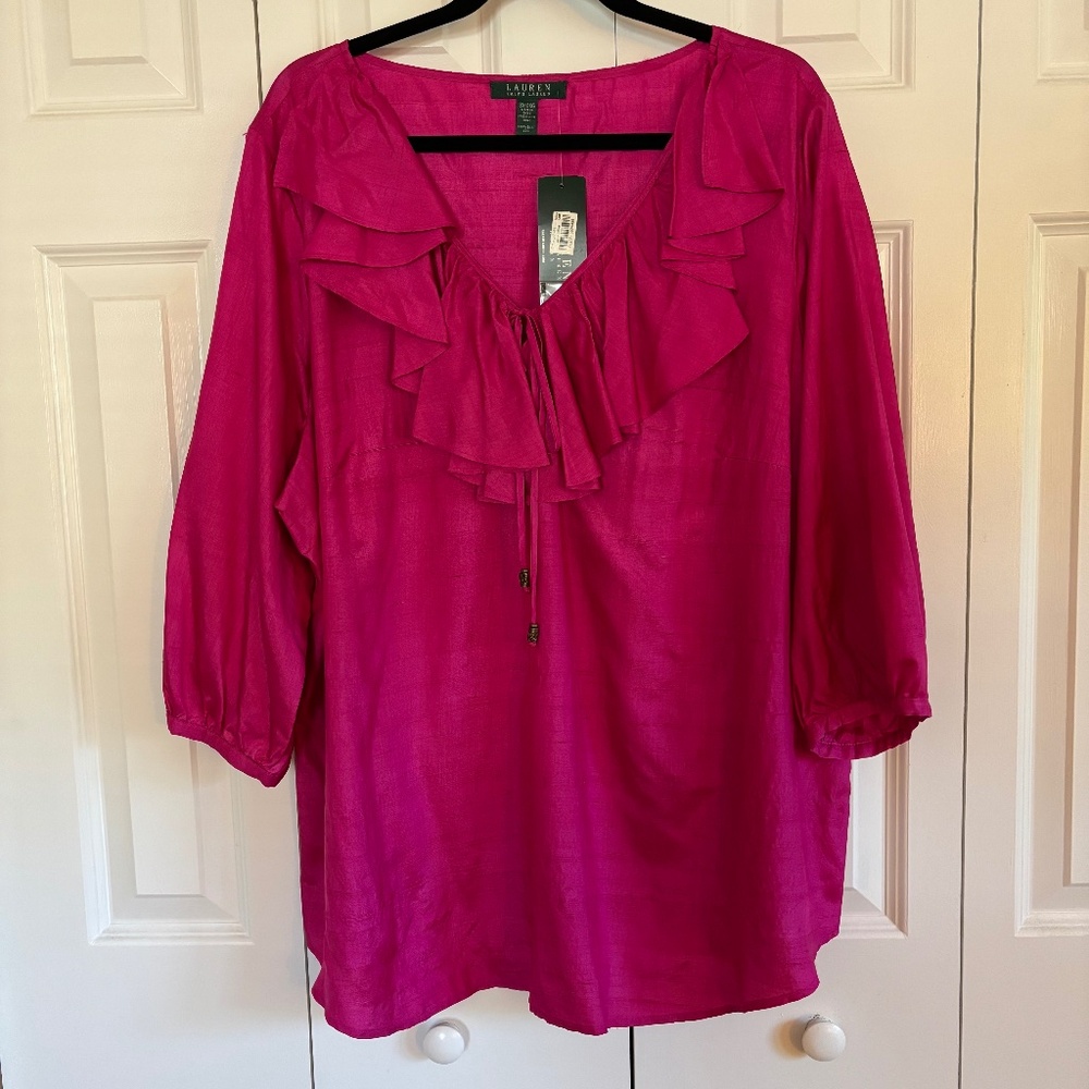Ralph Lauren 100% Silk Blouse Shirt ruffle neck Pink Size 3X